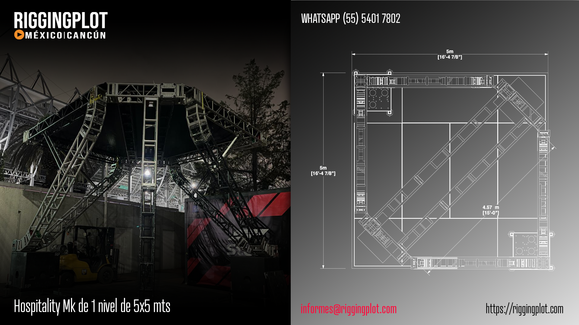 Hospitality MK de 5x5 metros para eventos en Cancún, estructura de dos niveles fabricada con truss de aluminio, ideal para áreas VIP, patrocinadores y hospitalidad.
